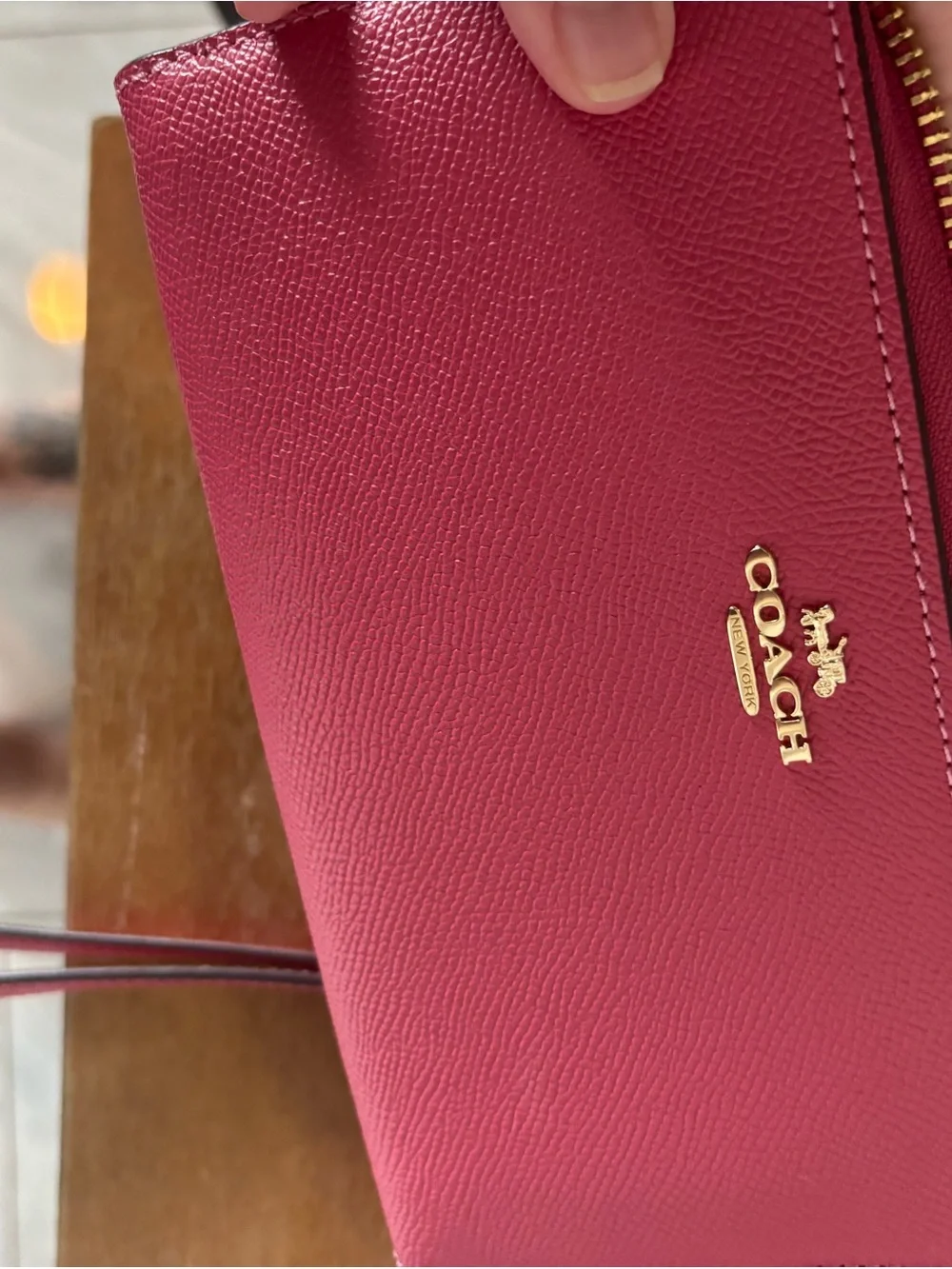 COACH Hot Pink Saffiano Leather Zip Wallet with Gold Logo